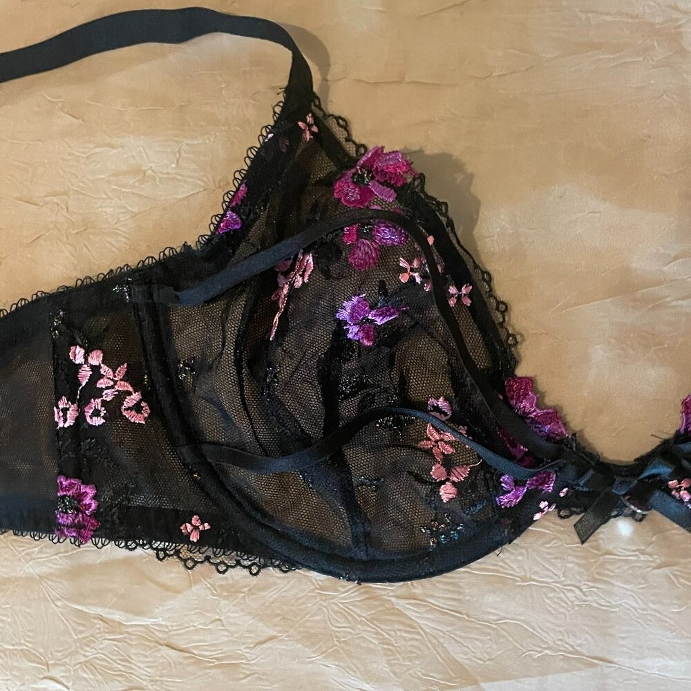 Victoria's Secret Black Embroidered Purple and Pink Accent Low Cut Demi - Picture 3 of 11